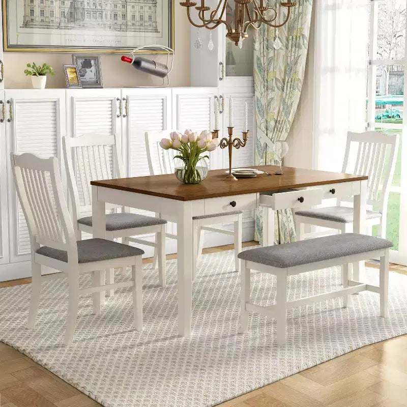 Tavolo da pranzo in legno stile Mid-Century con 4 sedie imbottite e panca