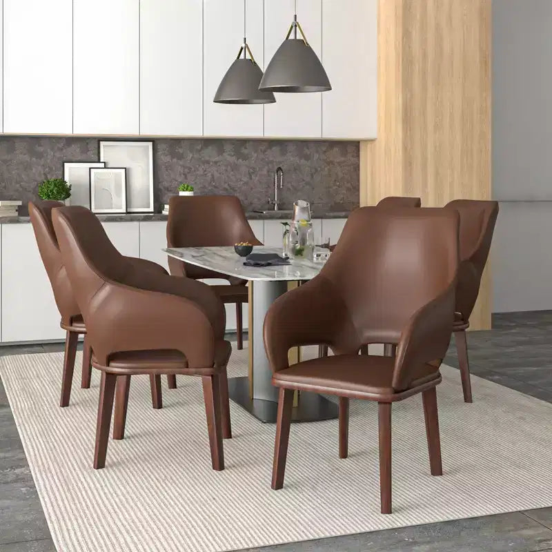 Sedie da pranzo in pelle con base in legno di caucciù e sedile e schienale imbottiti, sedie moderne d'accento per sale da pranzo