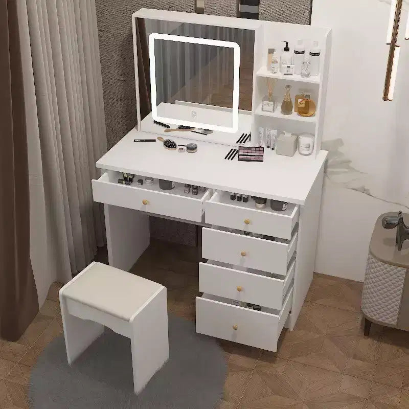 Tavolo da trucco specchiato da 39,4 pollici con sgabello e cassetti portaoggetti