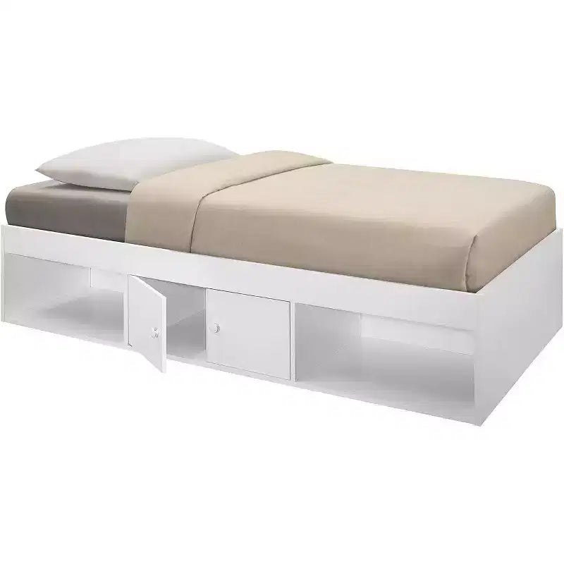 Letto a Piattaforma in Legno per Materasso Singolo con Contenitore, Bianco - Mobile Camera da Letto Durevole e Funzionale