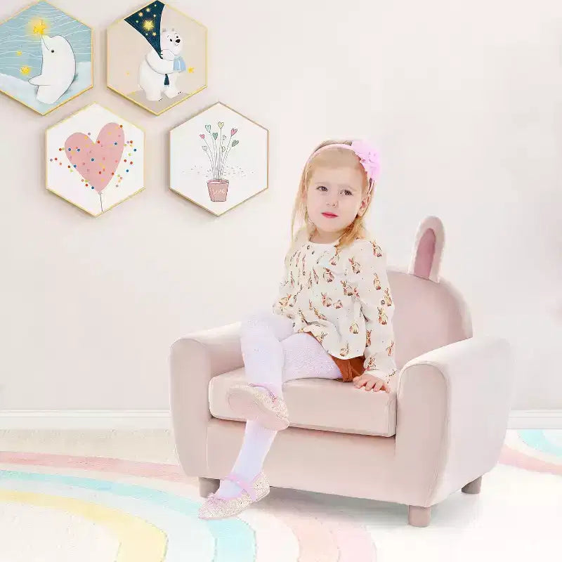 Divano per bambini Poltrona per bambini con robusta struttura in legno e velluto olandese con coniglio rosa