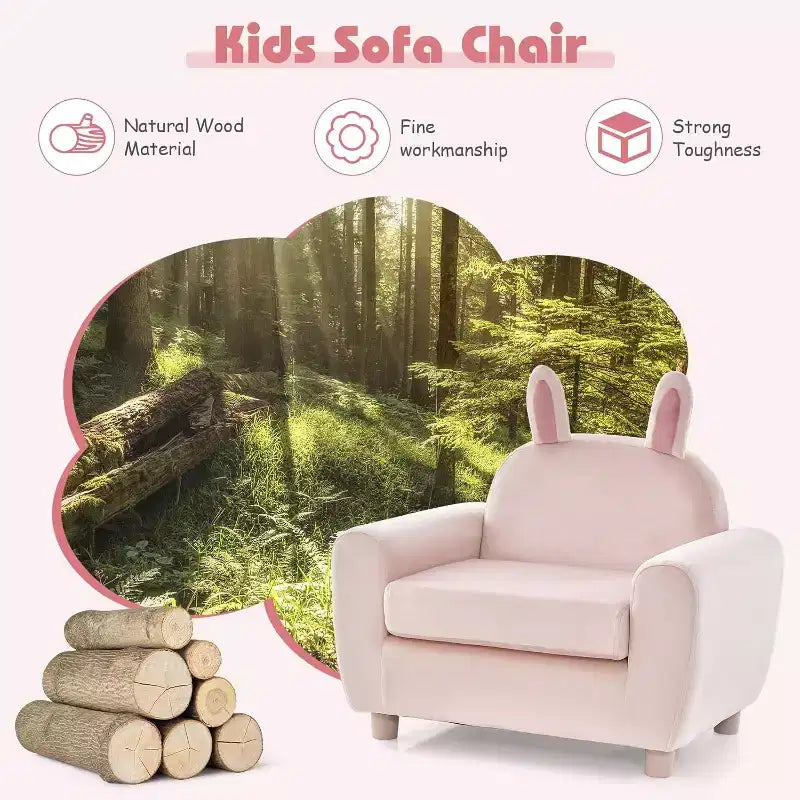 Divano per bambini Poltrona per bambini con robusta struttura in legno e velluto olandese con coniglio rosa