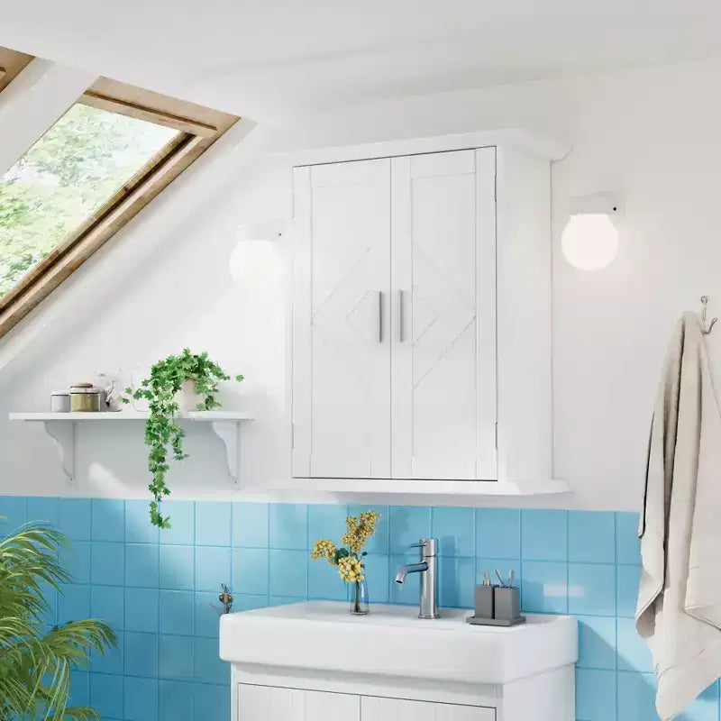 Mobiletto da bagno a parete in legno con ripiani regolabili e 2 ante, Armadietto dei medicinali da bagno, Bianco