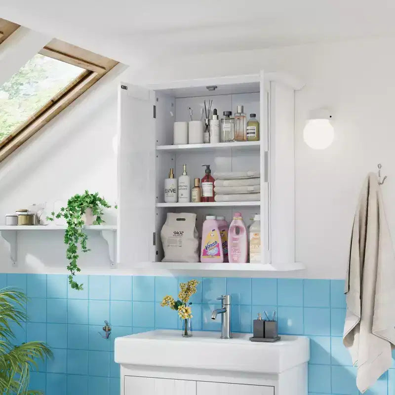 Mobiletto da bagno a parete in legno con ripiani regolabili e 2 ante, Armadietto dei medicinali da bagno, Bianco