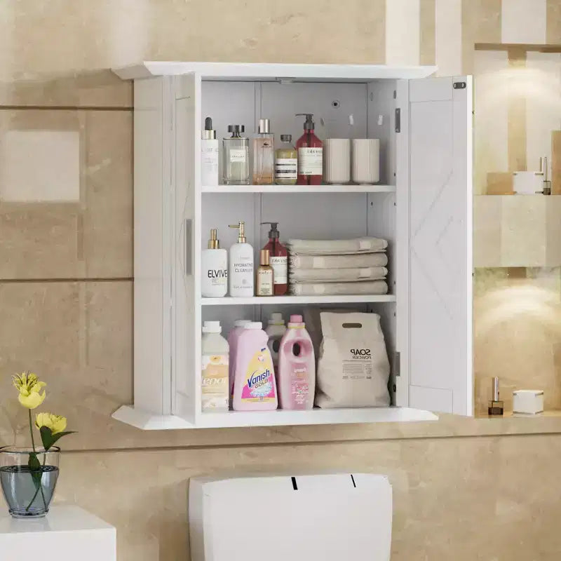 Mobiletto da bagno a parete in legno con ripiani regolabili e 2 ante, Armadietto dei medicinali da bagno, Bianco
