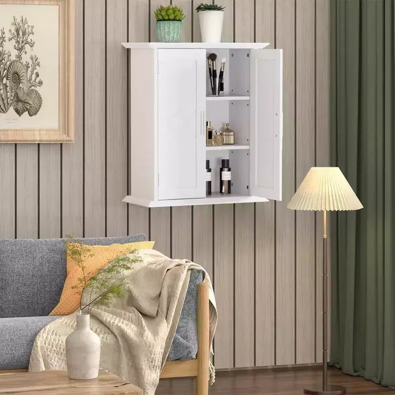 Mobiletto da bagno a parete in legno con ripiani regolabili e 2 ante, Armadietto dei medicinali da bagno, Bianco