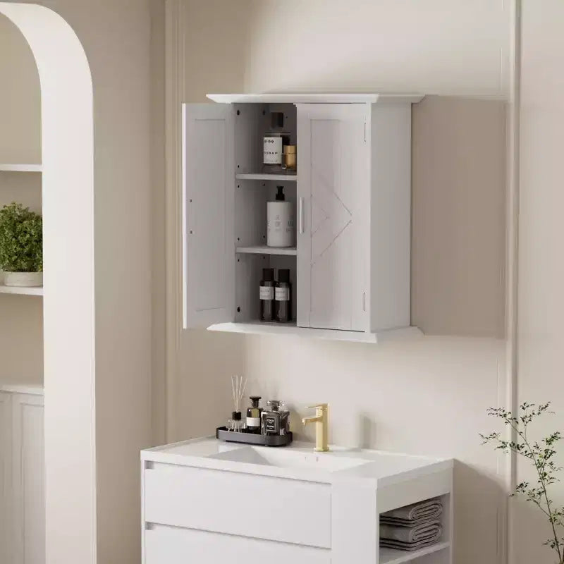 Mobiletto da bagno a parete in legno con ripiani regolabili e 2 ante, Armadietto dei medicinali da bagno, Bianco