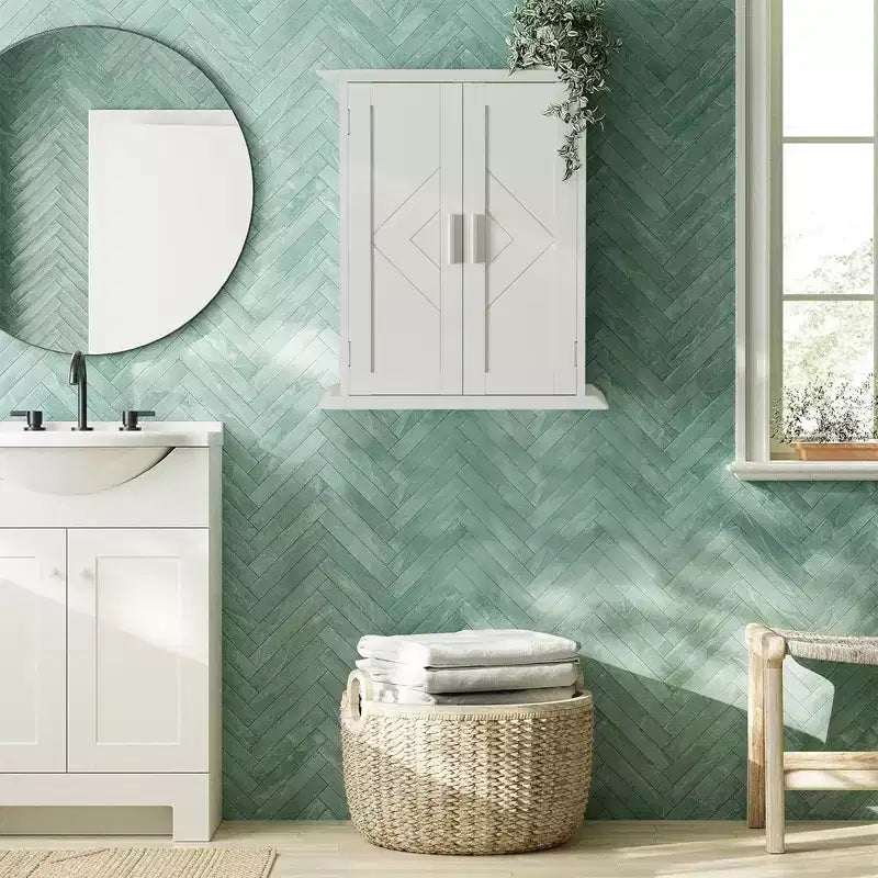 Mobiletto da bagno a parete in legno con ripiani regolabili e 2 ante, Armadietto dei medicinali da bagno, Bianco