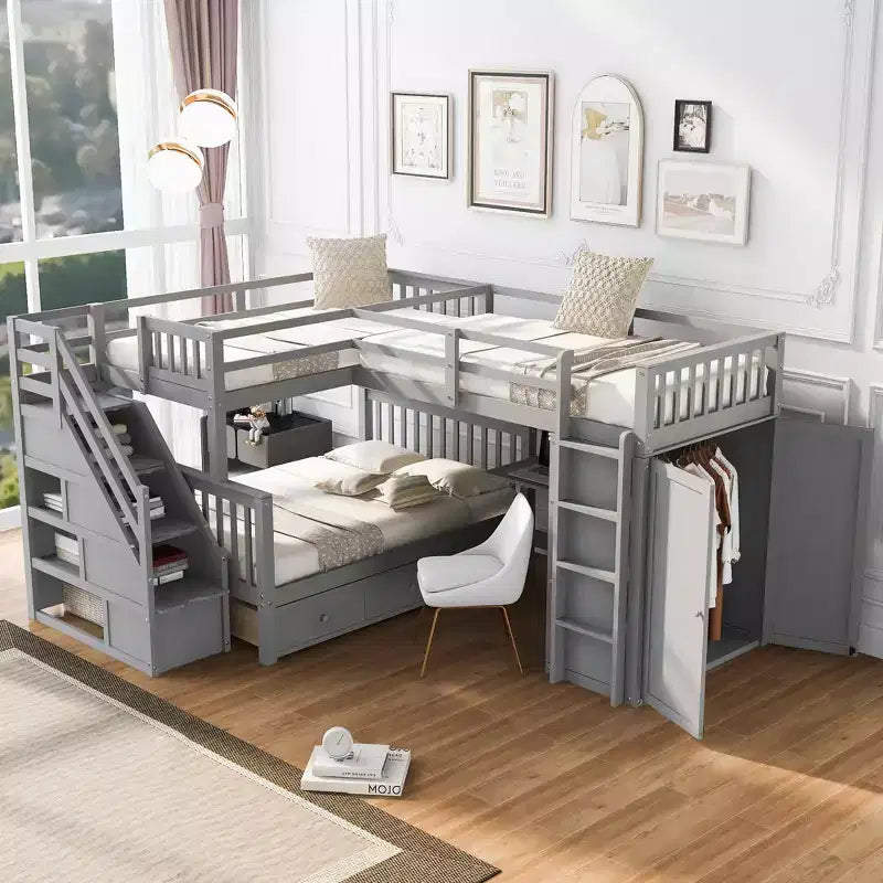 Letto a castello a L moderno da una piazza e mezzo con 3 cassetti, scrivania portatile e armadio