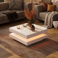 High Gloss Minimalist Design Coffee Table with LED Lights, 2-Tier Square, 31.5x31.5x14.2', White