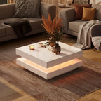 High Gloss Minimalist Design Coffee Table with LED Lights, 2-Tier Square, 31.5x31.5x14.2', White