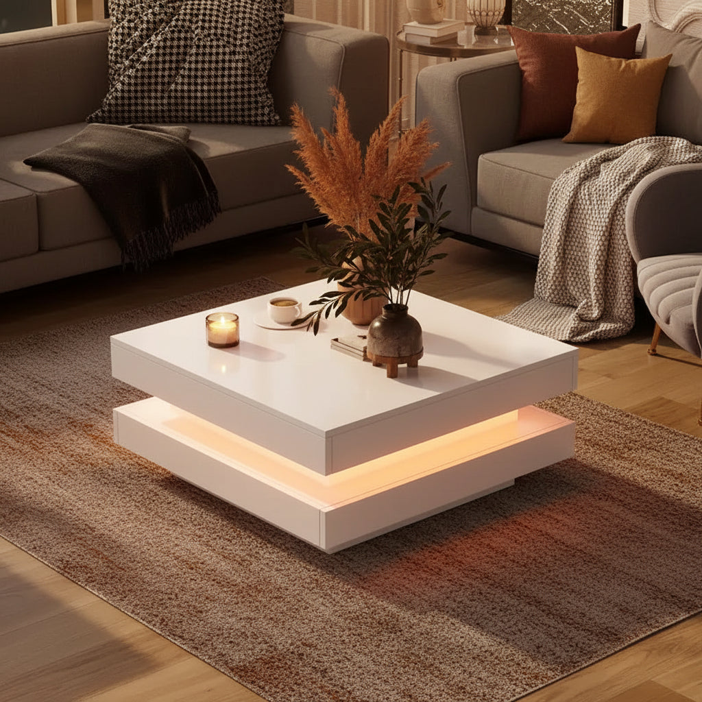 High Gloss Minimalist Design Coffee Table with LED Lights, 2-Tier Square, 31.5x31.5x14.2', White