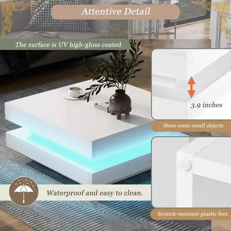High Gloss Minimalist Design Coffee Table with LED Lights, 2-Tier Square, 31.5x31.5x14.2', White