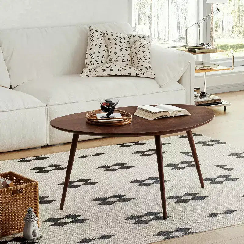 GDFStudio Adolph Mid-Century Modern 33.46 W Solid Oak Wood Oval Coffee Table with Three Legs