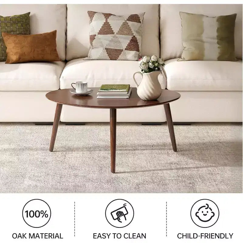 Mid-Century Modern 33.46 W Solid Oak Wood Oval Coffee Table with Three Legs