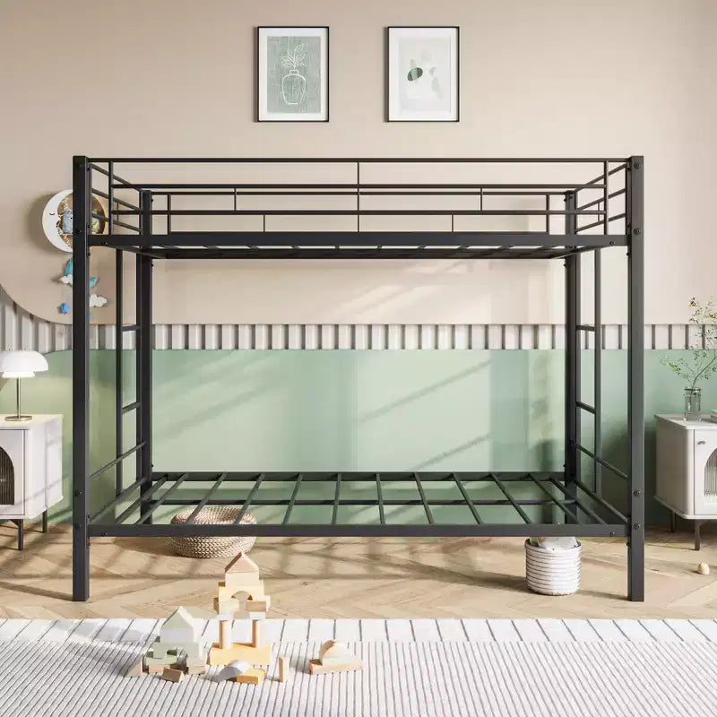 Letto a castello in metallo a due piazze, letti a castello gemelli resistenti con ripiano e supporto a doghe, nessuna molla richiesta, nero