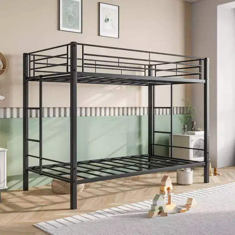 Letto a castello in metallo a due piazze, letti a castello gemelli resistenti con ripiano e supporto a doghe, nessuna molla richiesta, nero