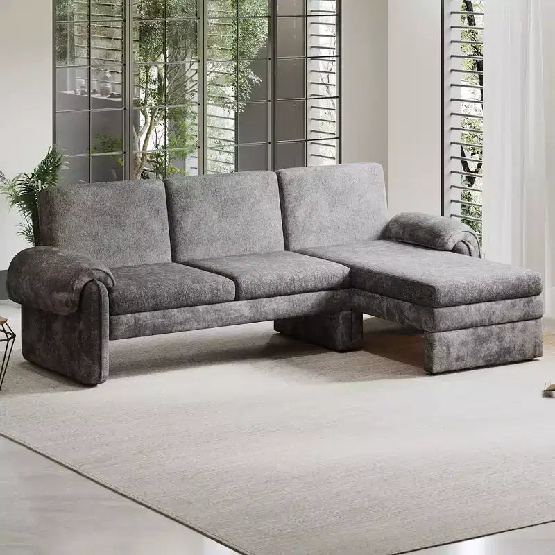 94W Convertible Futon Sofa Couch Sofa Bed with Adjustable Backrest, Reversible Chaise Lounge and Removable Armrest Pillows, Beige/Gray-ModernLuxe