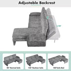 Divano letto futon convertibile 94W con schienale regolabile, chaise longue reversibile e cuscini bracciolo rimovibili, Beige/Grigio