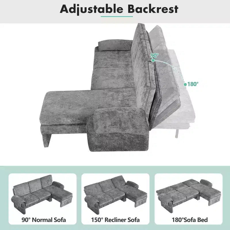 Divano letto futon convertibile 94W con schienale regolabile, chaise longue reversibile e cuscini bracciolo rimovibili, Beige/Grigio