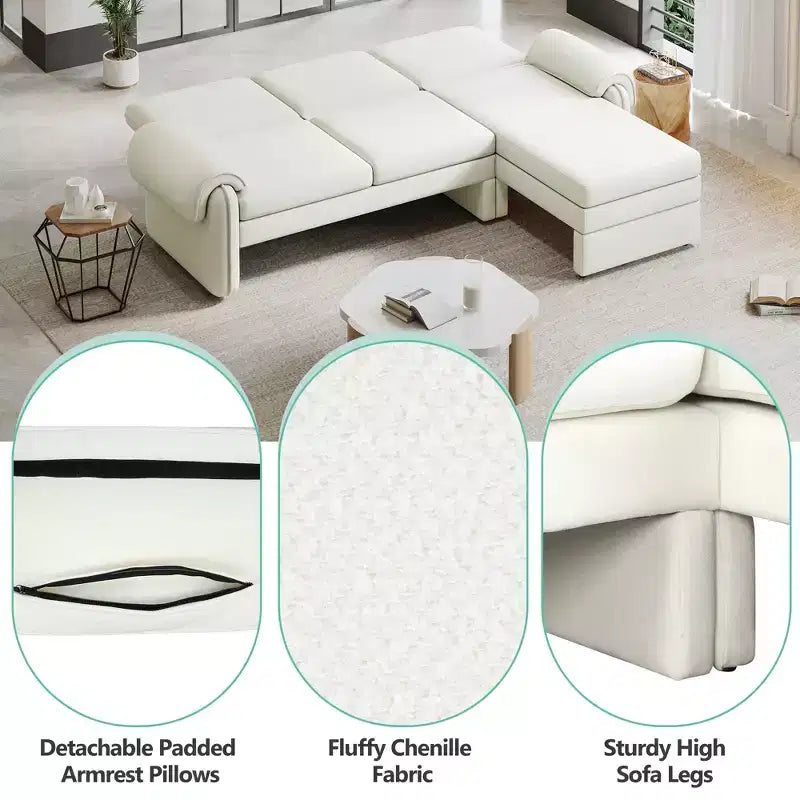 Divano letto futon convertibile 94W con schienale regolabile, chaise longue reversibile e cuscini bracciolo rimovibili, Beige/Grigio