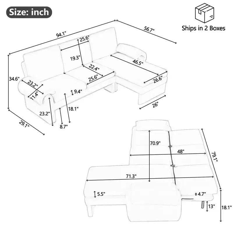 Divano letto futon convertibile 94W con schienale regolabile, chaise longue reversibile e cuscini bracciolo rimovibili, Beige/Grigio