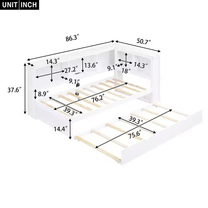 Letto a giorno matrimoniale dal design moderno con letto estraibile, armadietti e porte USB