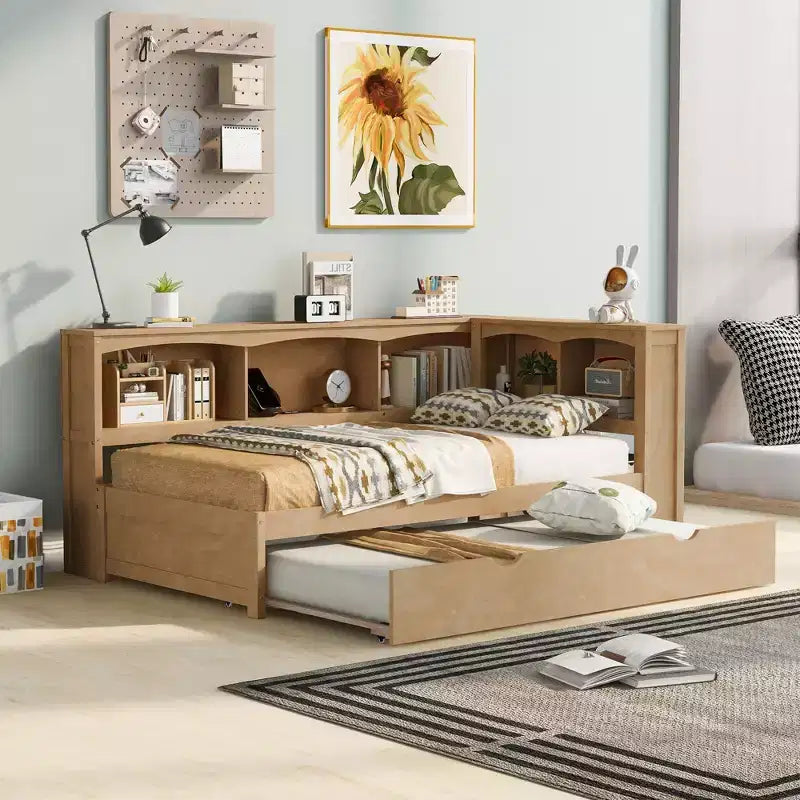Letto a giorno matrimoniale dal design moderno con letto estraibile, armadietti e porte USB