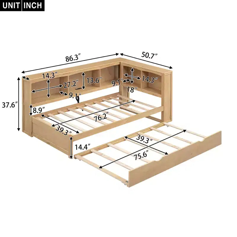 Letto a giorno matrimoniale dal design moderno con letto estraibile, armadietti e porte USB