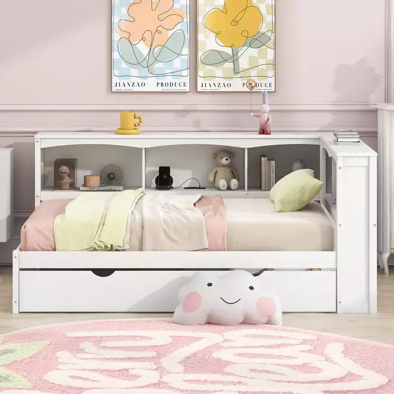 Letto a giorno matrimoniale dal design moderno con letto estraibile, armadietti e porte USB