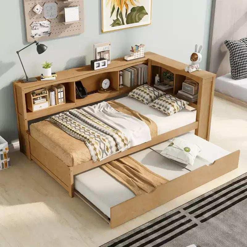 Letto a giorno matrimoniale dal design moderno con letto estraibile, armadietti e porte USB