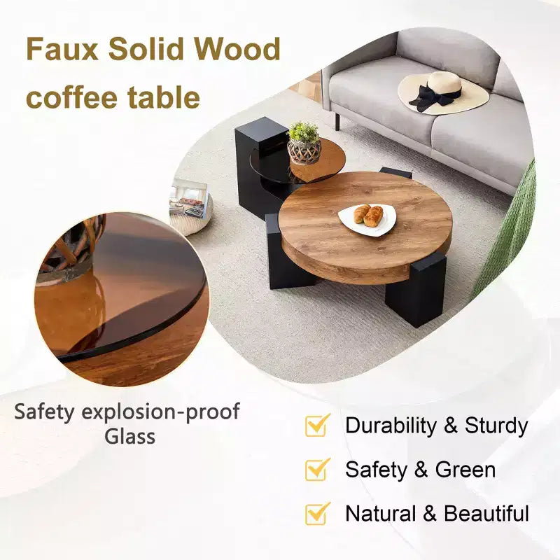 Round Nesting Coffee Table Cocktail Table Center Table End Table Side Table with Transparent Glass Top and L-Shaped Legs, White/Brown+Black