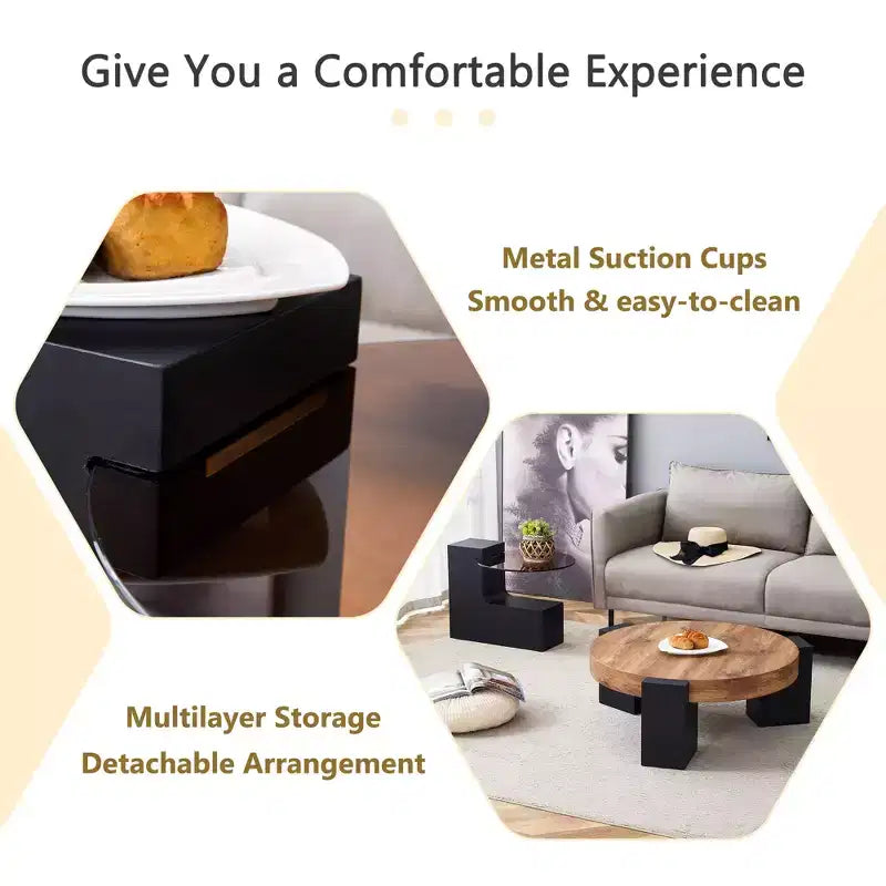 Round Nesting Coffee Table Cocktail Table Center Table End Table Side Table with Transparent Glass Top and L-Shaped Legs, White/Brown+Black