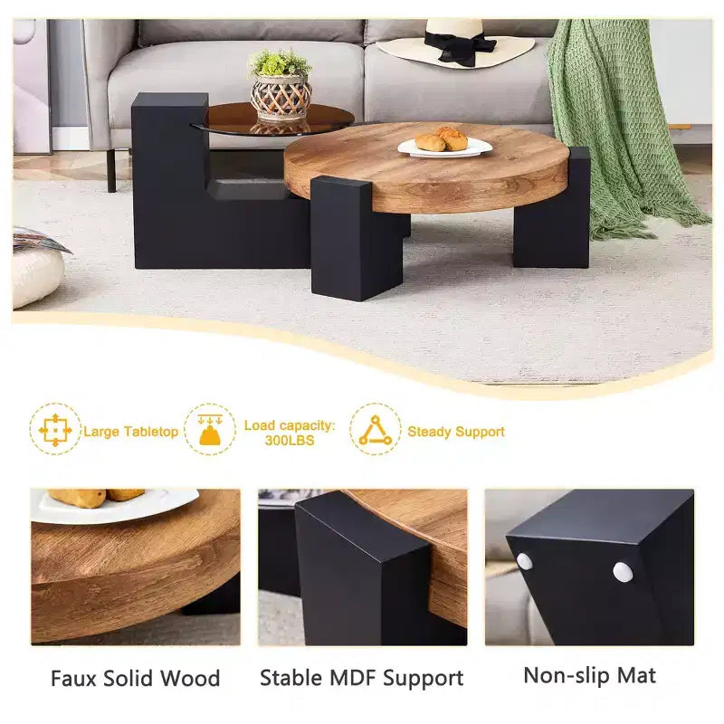 Round Nesting Coffee Table Cocktail Table Center Table End Table Side Table with Transparent Glass Top and L-Shaped Legs, White/Brown+Black