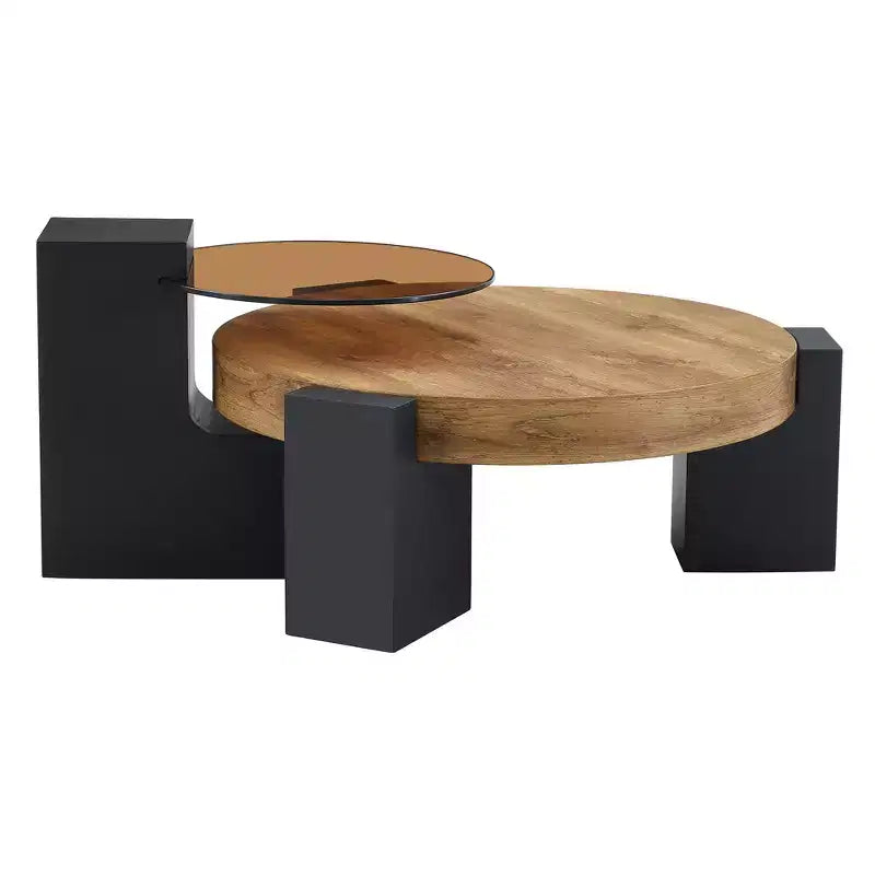 Tavolino da caffè rotondo impilabile, tavolino da cocktail, tavolino centrale, tavolino d'appoggio con piano in vetro trasparente e gambe a L, bianco/marrone+nero