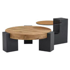 Tavolino da caffè rotondo impilabile, tavolino da cocktail, tavolino centrale, tavolino d'appoggio con piano in vetro trasparente e gambe a L, bianco/marrone+nero