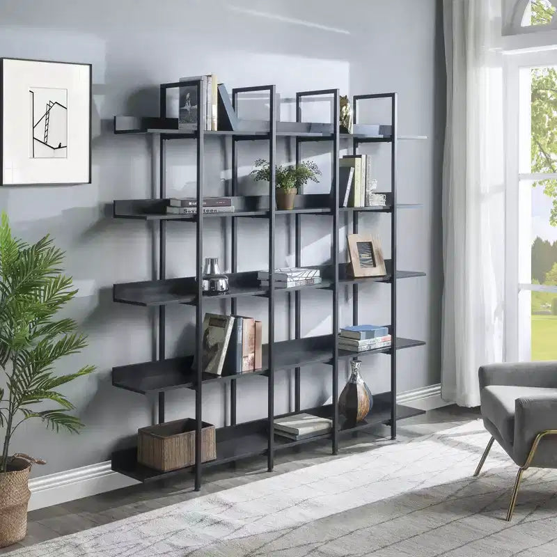 Vintage Industrial Style Bookcase with Metal Frame and MDF Board, Home Office Open Bookshelf