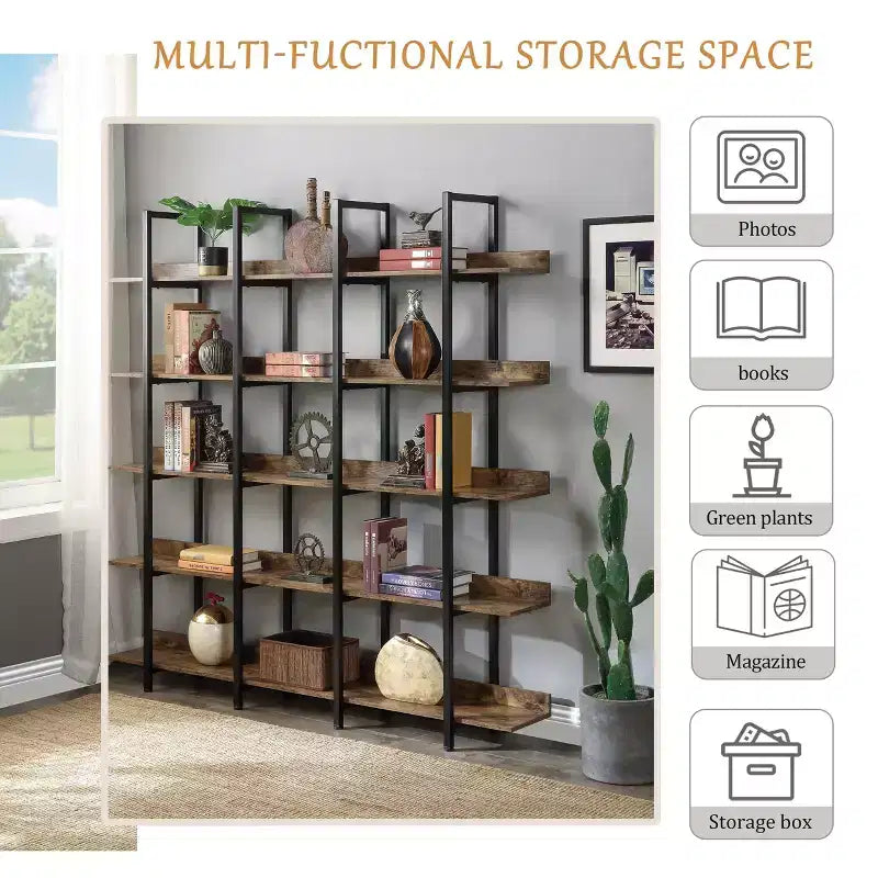 Scaffale in Stile Industriale Vintage con Struttura in Metallo e Ripiani in MDF, Libreria Aperta per Casa e Ufficio