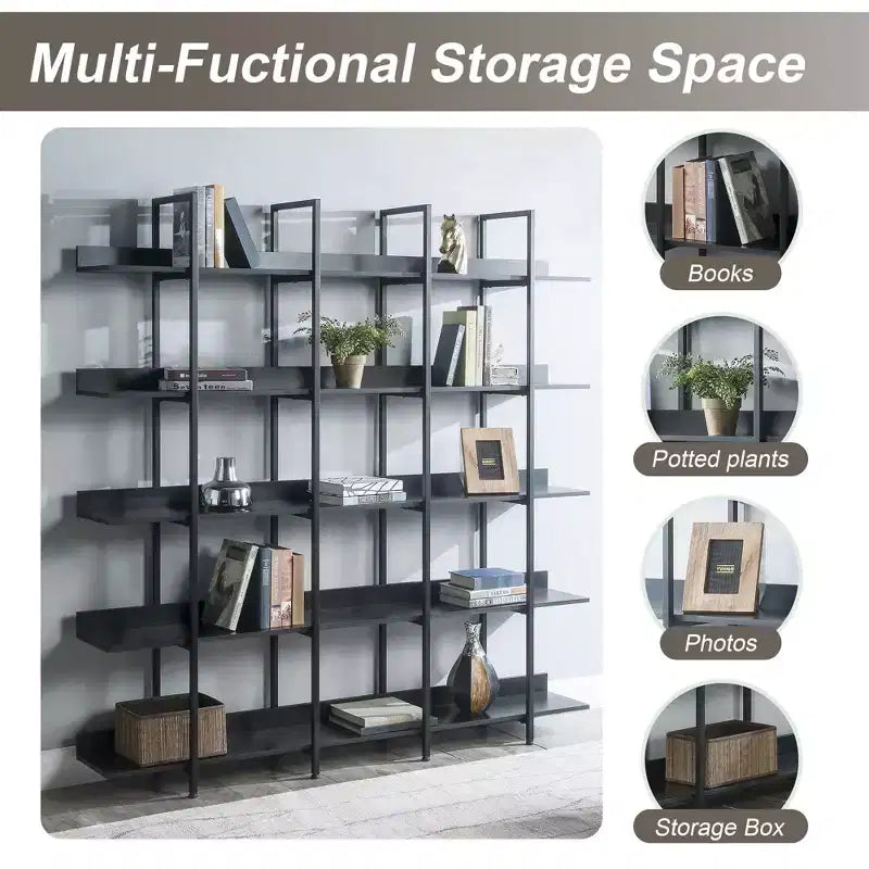 Scaffale in Stile Industriale Vintage con Struttura in Metallo e Ripiani in MDF, Libreria Aperta per Casa e Ufficio
