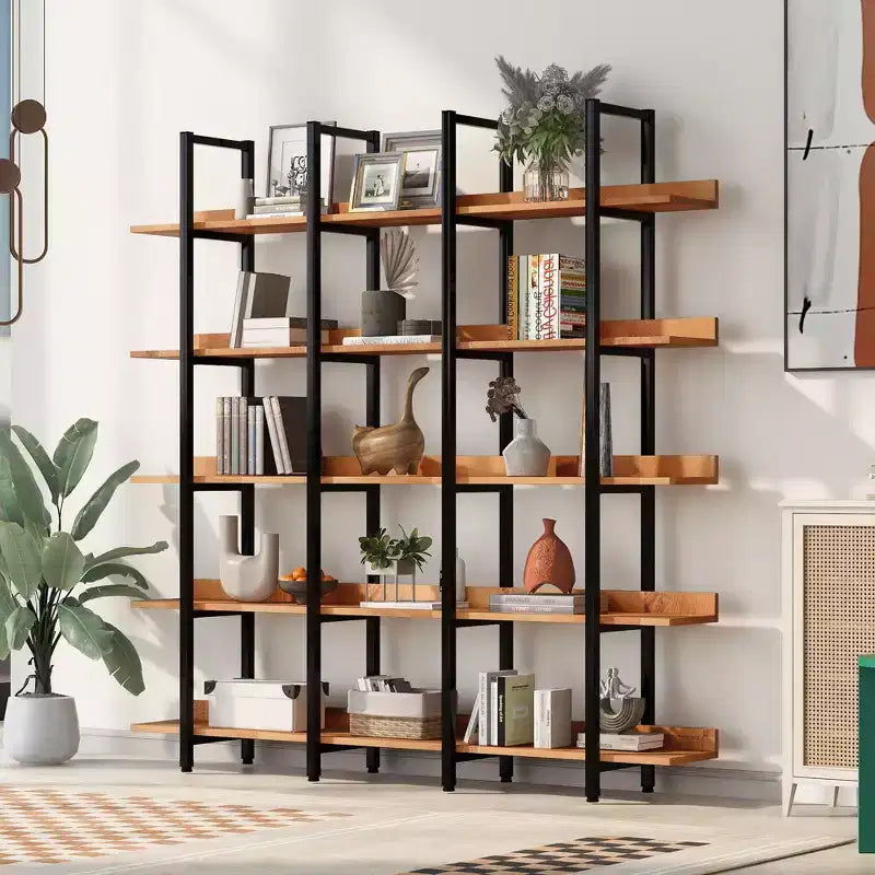 Vintage Industrial Style Bookcase with Metal Frame and MDF Board, Home Office Open Bookshelf
