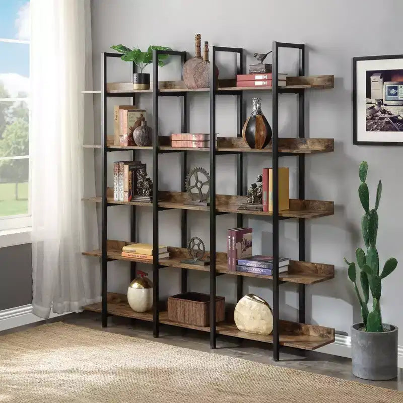 Vintage Industrial Style Bookcase with Metal Frame and MDF Board, Home Office Open Bookshelf