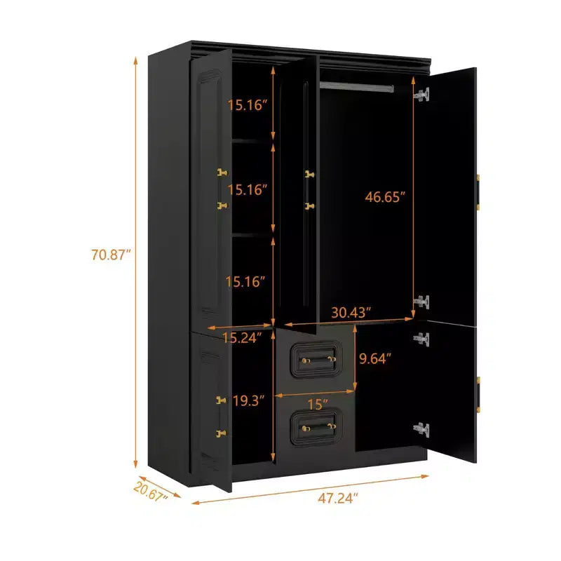 Armadio in legno nero da 120 cm con 2 cassetti e 5 ante