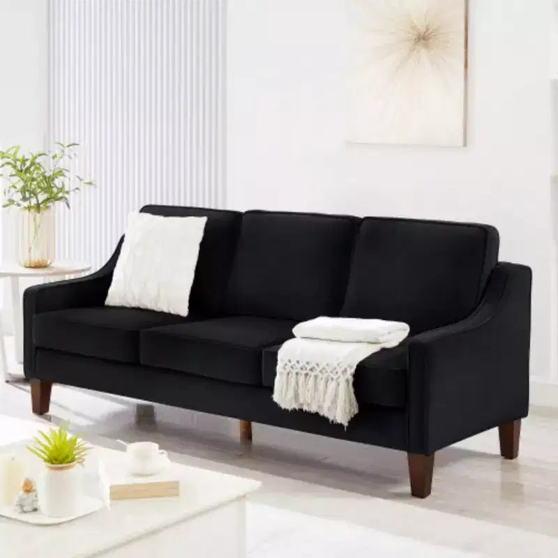 Divano contemporaneo a 3 posti: velluto blu navy, braccioli scivolanti, gambe in legno, cuscini lavabili