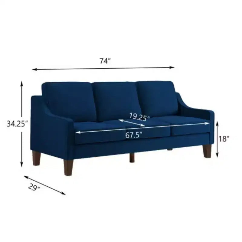 Divano contemporaneo a 3 posti: velluto blu navy, braccioli scivolanti, gambe in legno, cuscini lavabili