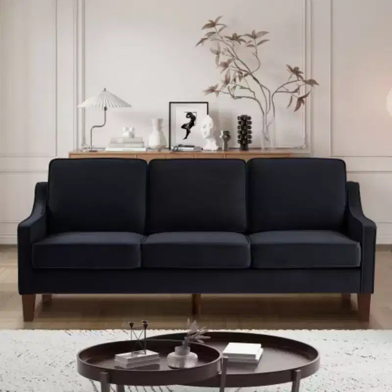 Divano contemporaneo a 3 posti: velluto blu navy, braccioli scivolanti, gambe in legno, cuscini lavabili