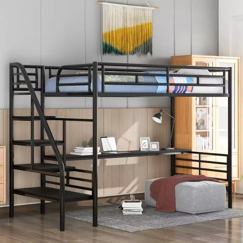 Whisen 94.40''L  41.40''W  71.70H Industrial Style Twin Size Metal Loft Bed Frame with Built-in Desk and stairs - Black