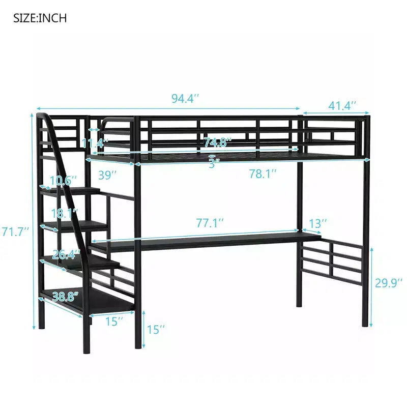 94.40"L 41.40"W 71.70H Struttura letto a soppalco in metallo stile industriale con scrivania e scale integrate - Nero
