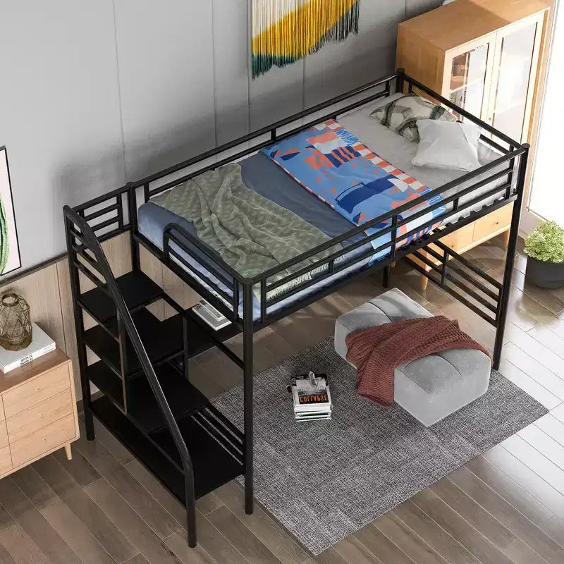 94.40"L 41.40"W 71.70H Struttura letto a soppalco in metallo stile industriale con scrivania e scale integrate - Nero