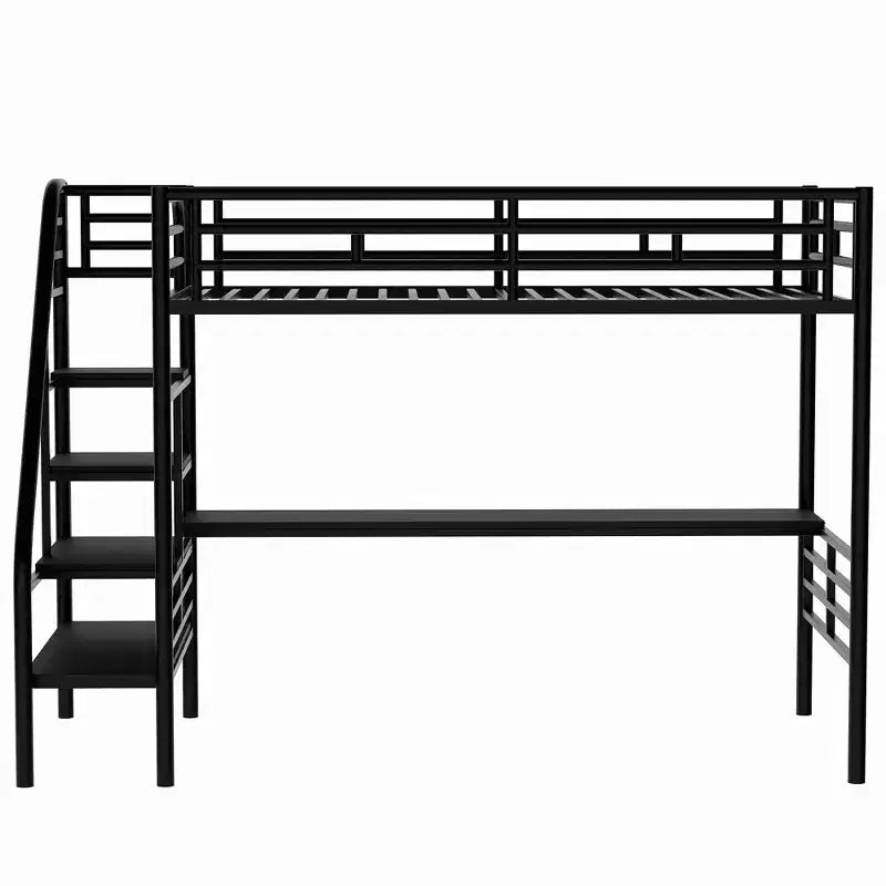 94.40"L 41.40"W 71.70H Struttura letto a soppalco in metallo stile industriale con scrivania e scale integrate - Nero
