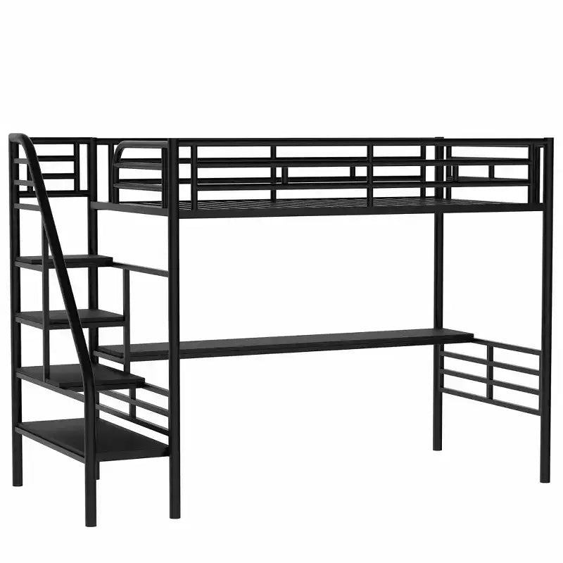 94.40"L 41.40"W 71.70H Struttura letto a soppalco in metallo stile industriale con scrivania e scale integrate - Nero